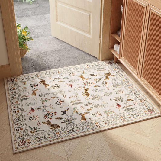 Rugcomf Door Mat Indoor Entrance 2x3 Rug Machine Washable Boho Floral Animal Small Area Rug Non-Slip Low Pile Throw Rugs for Entryway, Kitchen, Front Door Indoor Entrance, Entry, Kids Room (Beige)
