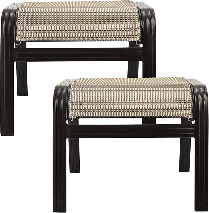 Outdoor Patio Ottoman Seat Textilene Portable Metal Footstool Portable Footrest Patio Chairs 2 Set Beige