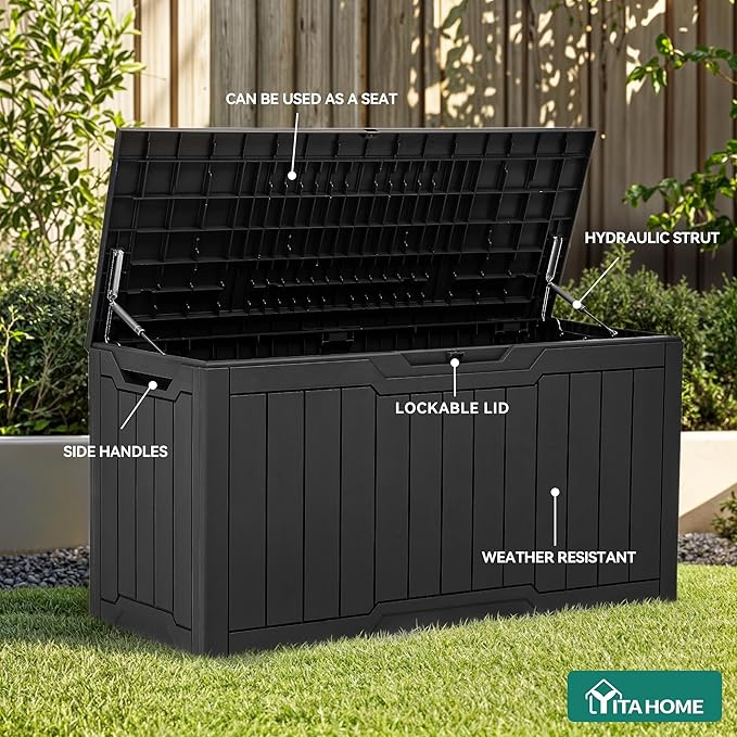 YITAHOME 100 Gallon Outdoor Storage Box, Large Water Resistant Resin Deck Box, Indoor Outdoor Lockable Storage Container for Patio, Garden, Cushions, Tools, Equipment (Black)
