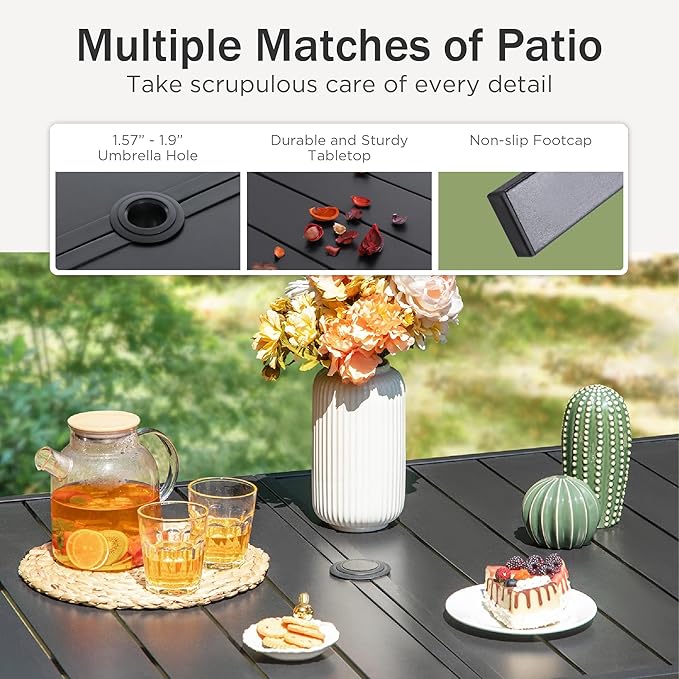 PHI VILLA Patio Dining Set for 6, Outdoor Dining Table and Chairs Furniture Set with Adjustable Foldable Patio Dining Chairs (Gray) & Metal Steel Table for Garden