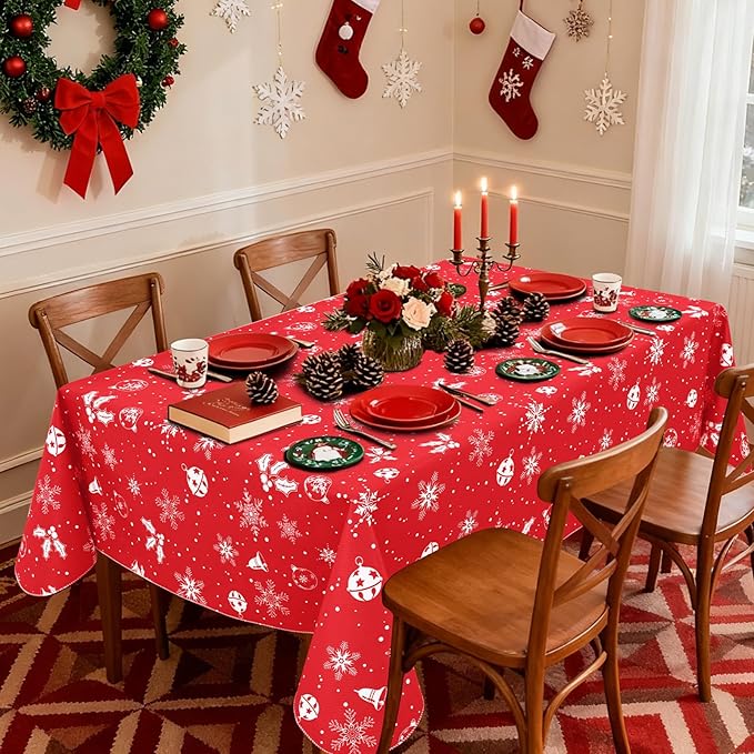 misaya Rectangle Waterproof Vinyl Table Cloth, Wipeable Tablecloth with Flannel Backing, Plastic Table Cover for Dinner, Christmas Party (Bells, 52" x 70")