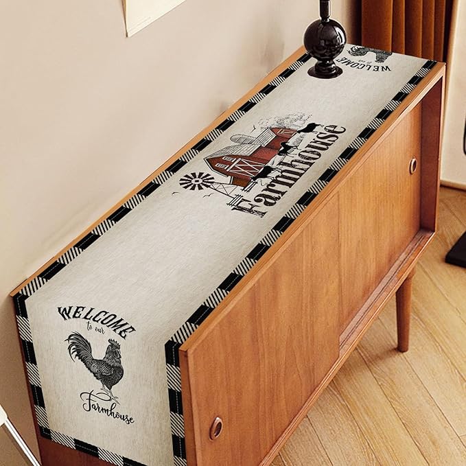 Farm Animals Table Runner, Rustic Farmhouse Cow Pig Rooster Watercolor Coffee Table Center Decor for Home Kitchen Dining Patio Holiday Party Indoor Outdoor Table Decorations, 13"x72" Inch