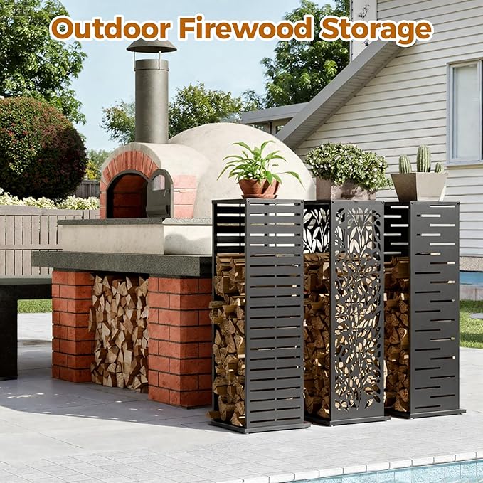 4ft Firewood Rack Outdoor, Fire Wood Holder Log Storage Rack with Parallel Louver Pattern Hooks Adjustable Feet, Firewood Stacker for Indoor Patio Balcony Black