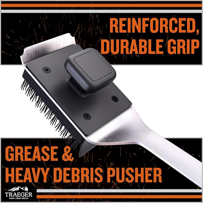 Traeger Grills BAC537 BBQ Cleaning Brush for Outdoor Grill – Stainless Steel Grill Scraper with Nylon Bristles, Teak Wood Handle, Dual Grip Design, and Hanging Loop