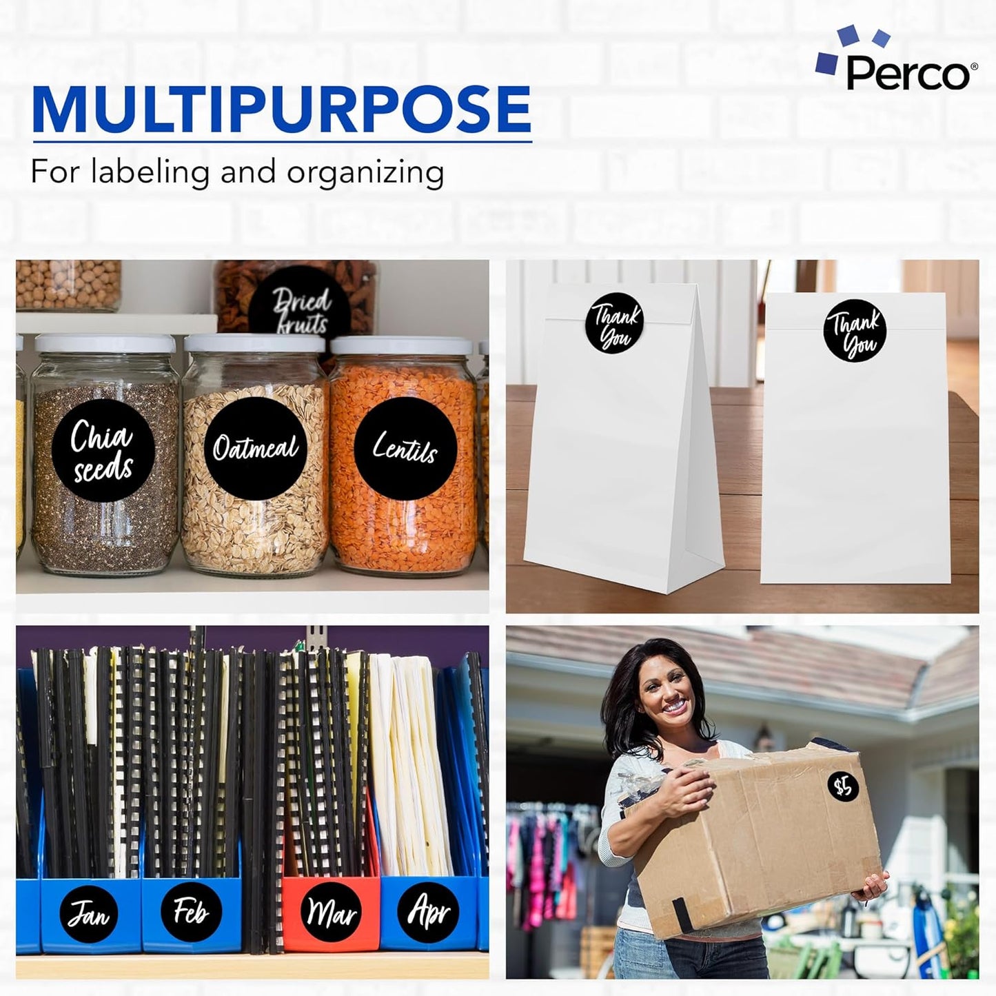 Perco Black 3-Inch Round Circle Dot Sticker Labels - Multi-Roll Pack (3 Rolls, 500 Labels Each) - Permanent Adhesive, Vibrant Colors, Strong Hold - Perforated for Easy Use - Made in USA