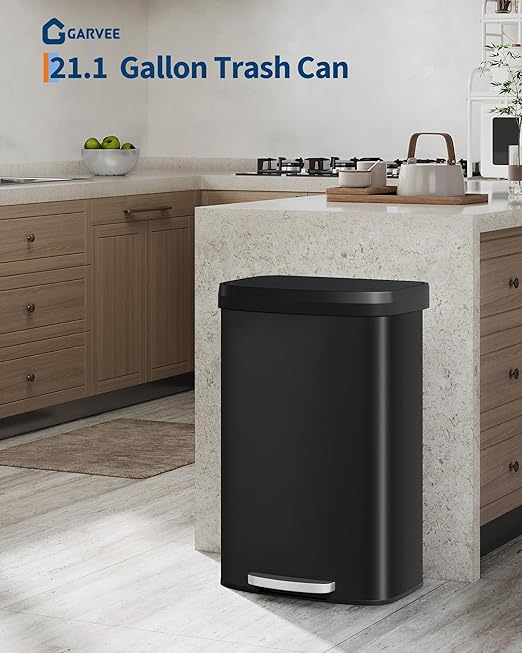 Garvee 21 gal / 80 L Metal Trash Can with Lid, Large Garbage Can for Kitchen, Rustproof Step-on Kitchen Metal Trash Bin with Liner Rim, Rear Handle, Soft Close Plastic Lid, Black