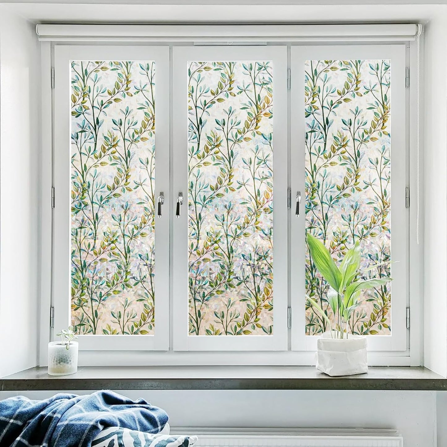 Donox Window Privacy Film, Leaf Rainbow Window Film Decorative Stained Glass Window Film, Anti-UV Sun Blocker Heat Control for Home, 17.5 Inch x 6.5 Feet (with Installation Tool)