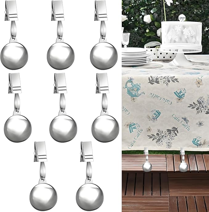 8 Pack Heavy Duty Tablecloth Weights, Stainless Steel Balls with Metal Tablecloth Clips for Outdoor Tables, Curtains & Christmas Flag, Add 19.2oz Weights for Holiday Dinner Party or Outdoor Picnic