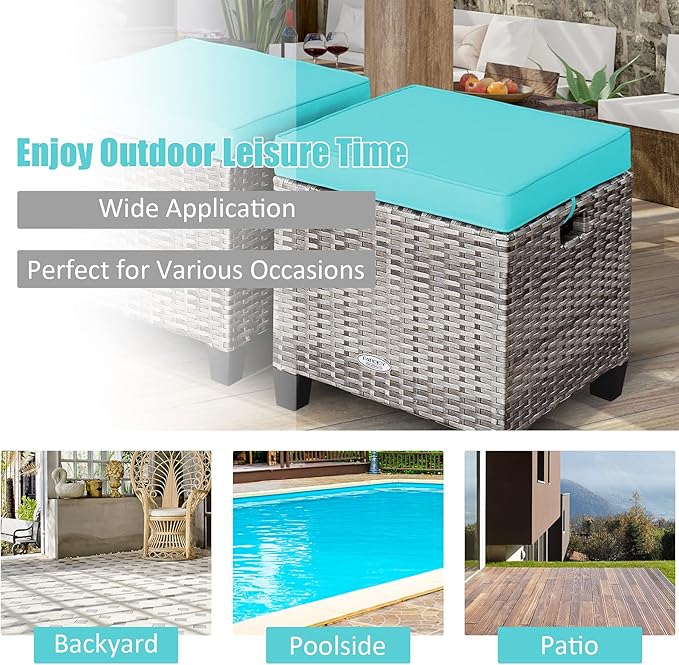 Tangkula 2 Pieces Patio Rattan Ottomans, Outdoor Wicker Footstool Footrest Seat with Soft Cushions and Steel Frame, All-Weather Patio Ottoman Set for Backyard Garden Poolside