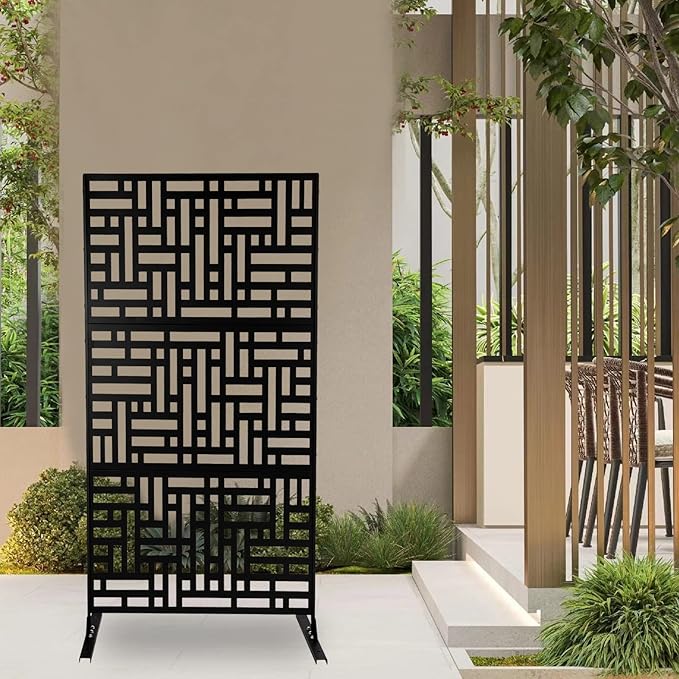 Privacy Screen, 35.4" W x 74.4" H Metal Outdoor Decorative Privacy Screen Outdoor Freestanding Divider with Stand Black for Patio Garden Balcony Backyard