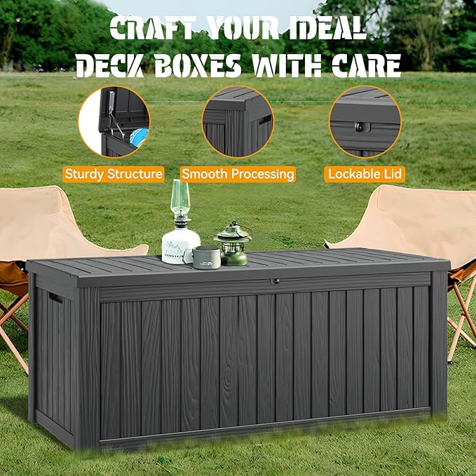 NUNU LAB 220 Gallon Outdoor Storage Box Waterproof, Outside Package Delivery Deck Boxes with Lockable Lid, Backyard Storage Bin For Garden Tools, Patio Cushions, Black