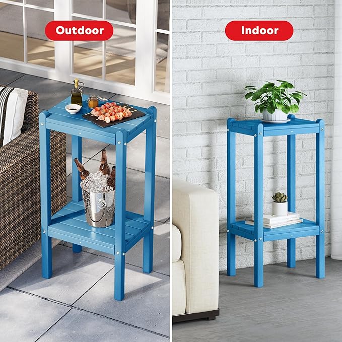 Costaelm Outdoor Side Table, 2-Tier Small Patio Coffee Tables for Outside, Outdoor End Tables for Patio, Adirondack Side Table for Outside, Outside Table for Pool, Porch, Garden, Pacific Blue