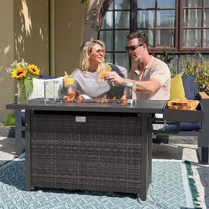 Sundale Outdoor 52 Inch Outdoor Fire Pit Table, 50,000 BTU Propane Fire Pits with Storage Shelf, Glass Wind Guard and Lid, Wicker Patio Gas Fire Pit for Outside Patio and Garden, CSA-Listed(Grey)