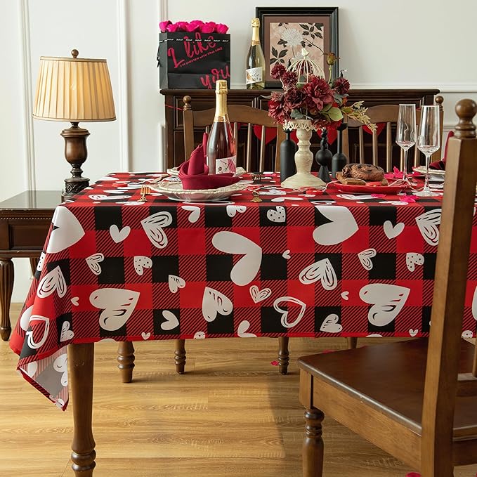 Red Waterproof Plaid Valentines’ Day Tablecloth Fabric - Square 58x58 Inch Classic Love Heart Table Cloth for Indoor Use - Checkered Table Cover for Picnics, Dinner, and Parties