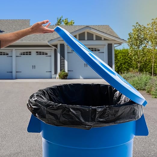 PRO&Family Commercial Round Trash Can with Lid and Dolly Rolling Waste Container, Ingredient Bin, Heavy-Duty Plastic, Anti-Static, Kitchen, Office, Outdoor Use (Blue, 55 Gallon)