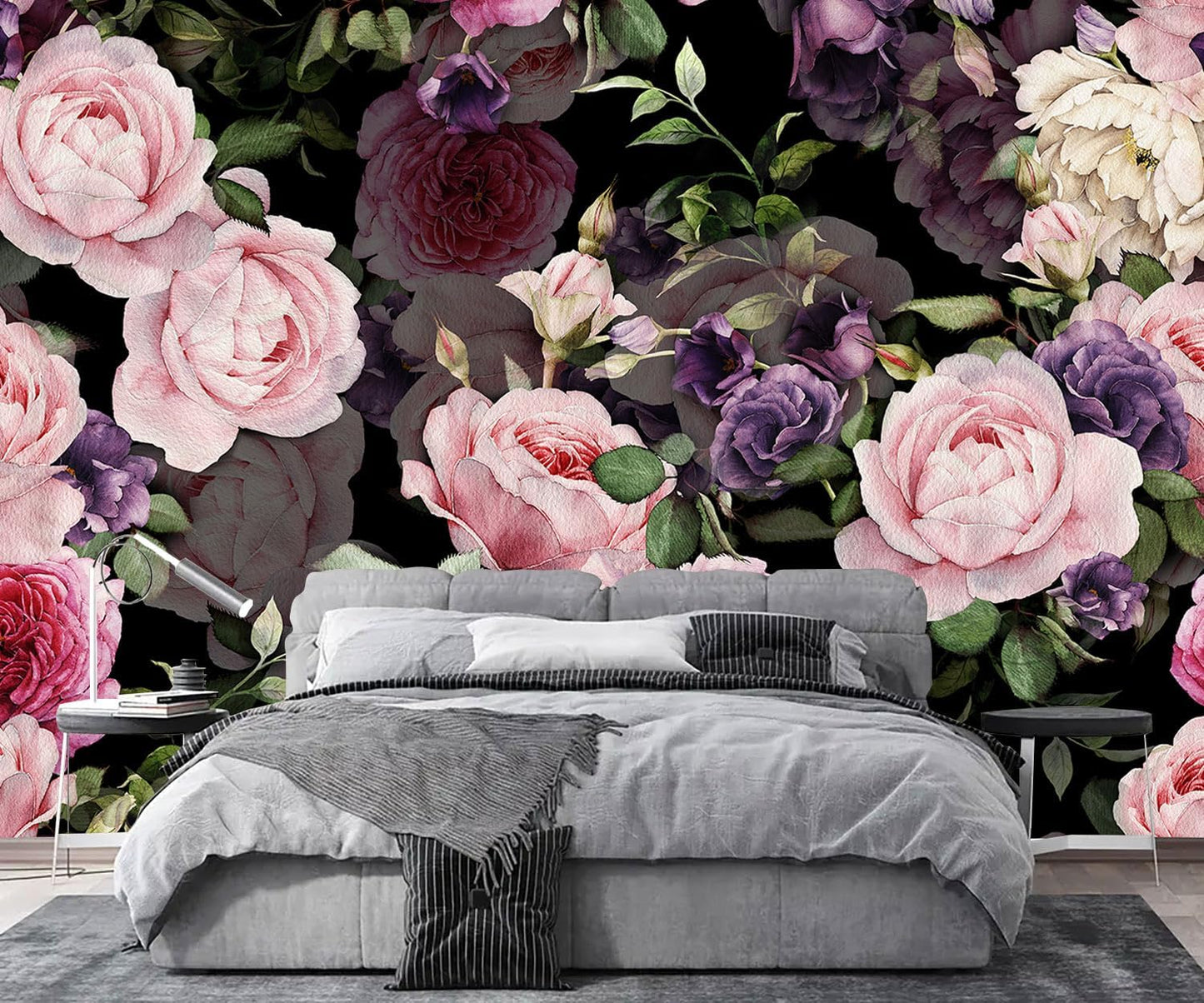 AFZEVEB-Black Watercolor Purple Peony Flower Wallpaper Wall murals for Bedroom 114"x74"(Not Peel and Stick)