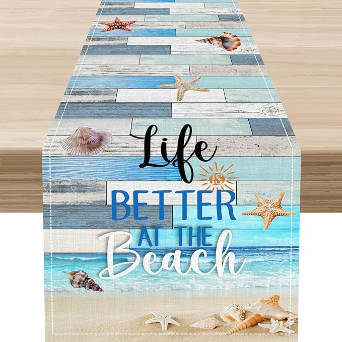 Summer Beach Table Runner, Nautical Starfish Seashell Ocean Retro Wooden Plank Coffee Table Center Decor for Home Kitchen Dining Patio Holiday Party Table Decorations 13"x36"