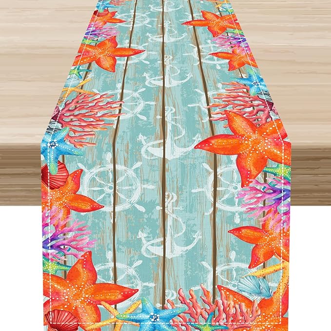 Blue Starfish Table Runner,Nautical Beach Wooden Ocean Table Runner Seasonal Holiday Home Kitchen Dining Table for Home Party Decor 13"x108"
