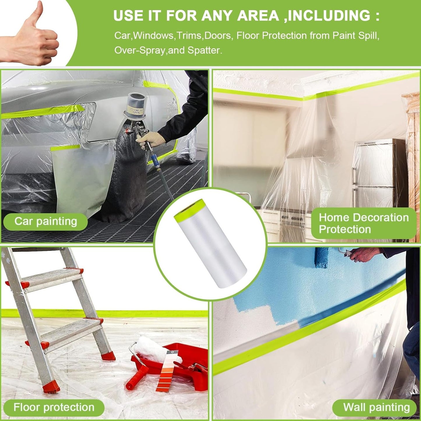 Pre-Taped Masking Film-55inx65ft Tape and Drape Painters Paper Rolls, Plastic Painting Film for Automotive Painting Covering （Masking Film:3rolls,Tape:2rolls）