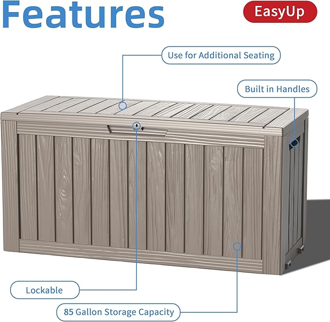 EasyUp 85 Gallon Outdoor Storage Box, Resin Waterproof UV-Resistant Deck Box, Reinforced Stability for Patio, Garden, and Poolside, Striped Gray