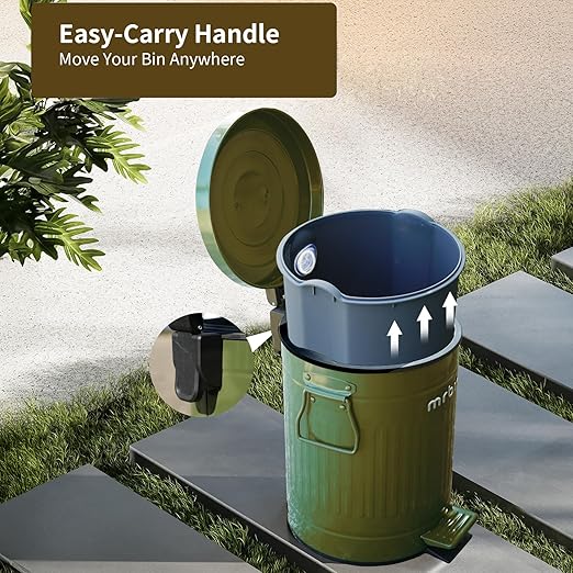 MRBIN Dog Poop Trash Can with Lid, 13L/3.4 Gal Round Pet Outdoor Waste Basket with Pedal, Step Touchless Garbage Pail for Outside Patio, Yard, Garage, Green Roman Stripe Design