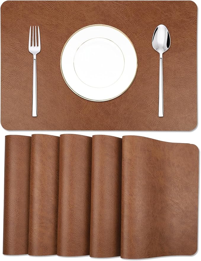 Cowhide Pattern Faux Leather Placemats Set of 6,Heat Resistant Non-Slip Waterproof Wipeable Washable Kitchen Dining PU Table Place Mats,Double-Sides Available,Dark Coffee