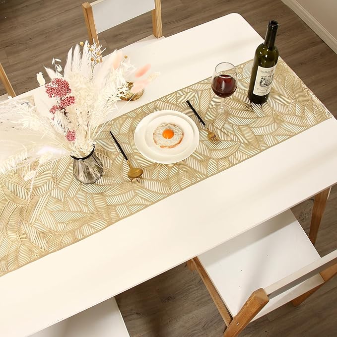 FAVE Gold Table Runner 72 inches Long Heat Resistant Hallowed-Out Vinyl Waterproof Washable Dinning Runner for Wedding, Banquet, Birthday, Party, Restaurant(Gold Rectangle)