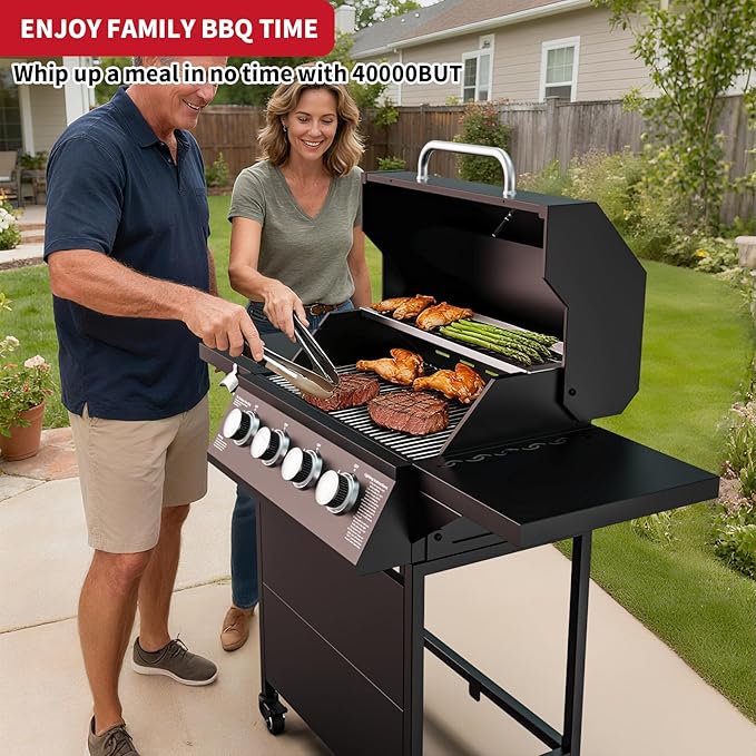 4-Burner Propane Gas BBQ Grill, 40,000 BTU Output Stainless Steel Barbecue Grill with Side Tables & Wheels for Backyard,Camping and Outdoor Cooking (Black)
