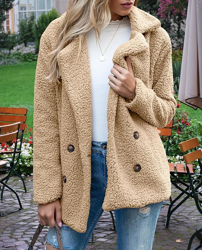 Women's Winter Warm Plush Cardigan Fuzzy Fleece Lapel Jacket with Buttons Pockets Long Sleeve Casual Outerwear