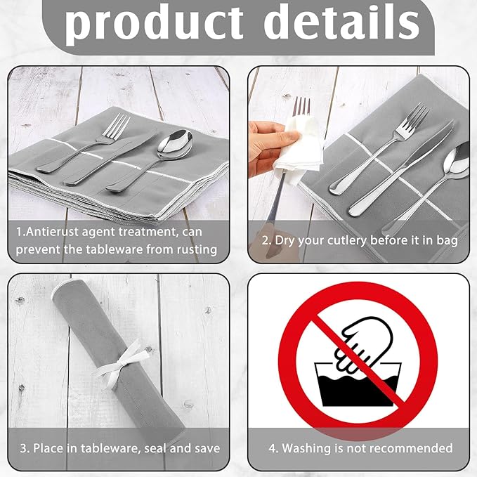 Hillban 12 Pcs Anti Tarnish Silver Storage Bags Silver Storage Cloth Felt Flatware Organizer Anti Tarnish Protector Bags Place Setting Roll with White Ribbon for Kitchen Cutlery (12 Slots,Grey)