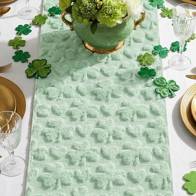 Artoid Mode Sage Green Soft Plush Faux Fur Jacquard Heart Clover St. Patrick's Day Table Runner, Seasonal Kitchen Dining Table Decoration for Home Party Decor 13x48 Inch