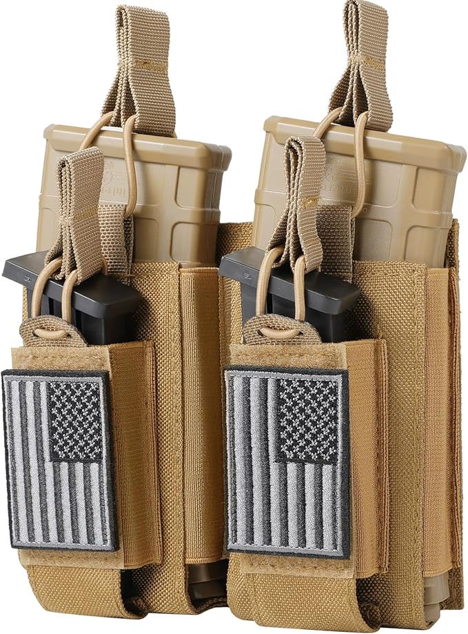 Open-Top Single/Double/Triple Molle Mag Pouch for 5.56mm M4 M16 AK AR Glock M1911 9mm Elastic Rifle Magazines Pistol Mag Pouches Holder Carrier with USA Flag Patch