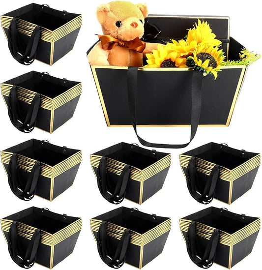 Pinkunn 48 Pcs Basket for Gifts Empty DIY Bulk Gift Basket Kit with Handles Kraft Cardboard Tray for Wedding Baby Shower Graduation Party Anniversary Party Display(Black Gold)
