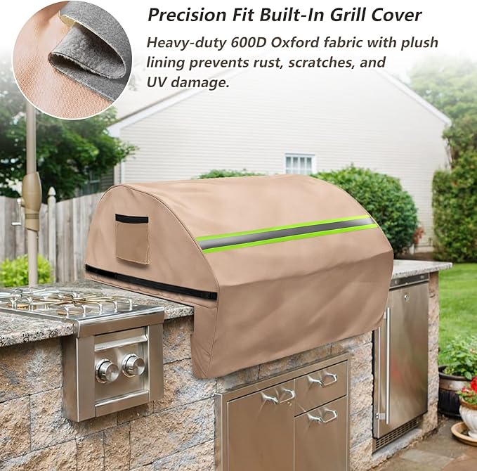 Built in Grill Cover for Bull 30-Inch grill heads - Heavy Duty 600D with Reflective Strips and Plush Lining,Protects the built in grill while enhancing its visual appeal, 25.5"L x32.5"W x22.5"H,Khaki