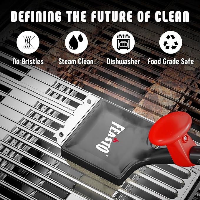 Grill Brush for Outdoor Grill & BBQ Grill Brush, 6-in-1 Bristle-Free with Interwoven-Tech & Thermal-Sensitive Sponge, Stainless Steel Scraper, 360° Rotating Knob, Bottle Opener & Grates Hook