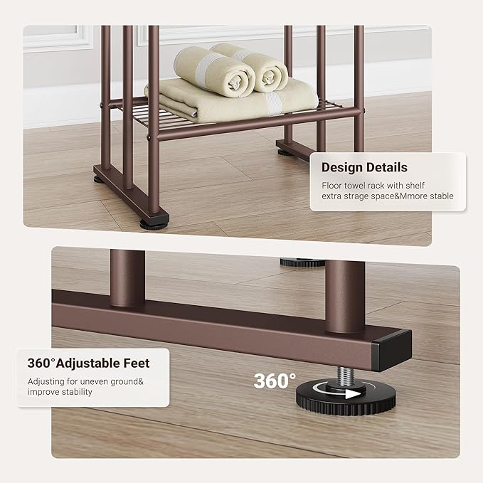 ELYKEN 3 Tier Standing Towel Rack, 40'' Tall Towel Drying Rack Outdoor, Freestanding Floor Towel Rack with Shelf, Pool Towel Blanket Stand, Metal Towel Racks for Bathroom freestanding, Bronze