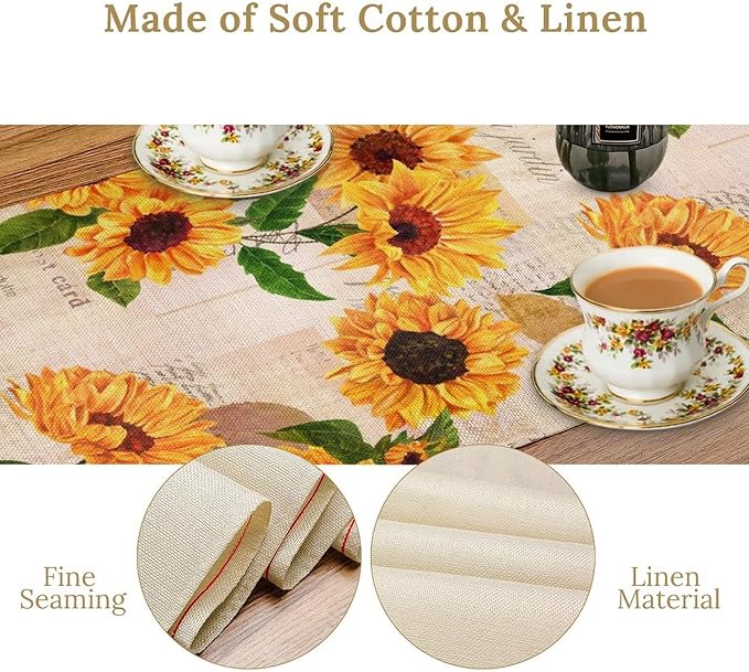 Retro Sunflower Table Runner, Vintage Newspaper Sunflower Blossoms Rustic Farmhouse Flower Table Cover for Kitchen Dinning Party Holidays Decor, 13x108inch