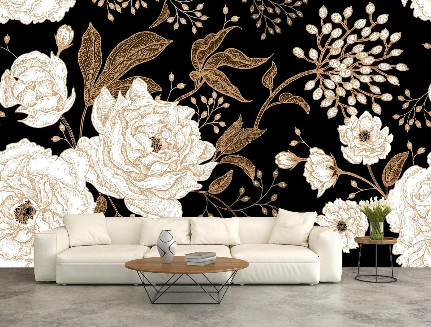 Wall Mural Peonies and Roses Floral Vintage Wallpaper Seamless Gold White Flowers Wall Coverings for Living Room Bedroom Kids Room（Not Peel and Stick）