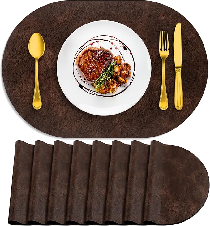ADRIMER Placemats, Heat Resistant Oval Placemats Set of 8 Washable 12 x 17 Inch, Waterproof Table Mats, Wipeable Pu Place Mats for Kitchen, Dining Room, Coffee