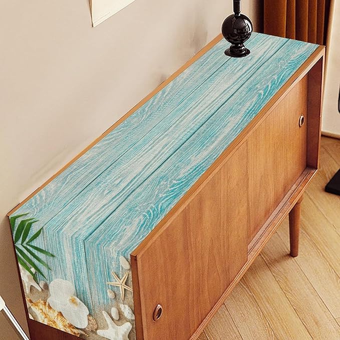 Blue Wooden Starfish Table Runner, Turquoise Tropical Summer Sandy Ocean Beach Coffee Table Center Deco, for Kitchen Family Festival Farmhouse Party and Living Room Table Decorations, 13" X 72"