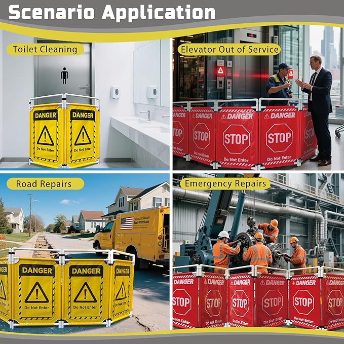 Safety Caution Barricade 2Panels Foldable Security Signs With PVC Tarp Removable Safety Barrier Wet Floor Guard Symbol Clear Printing Safety Fence(Red)