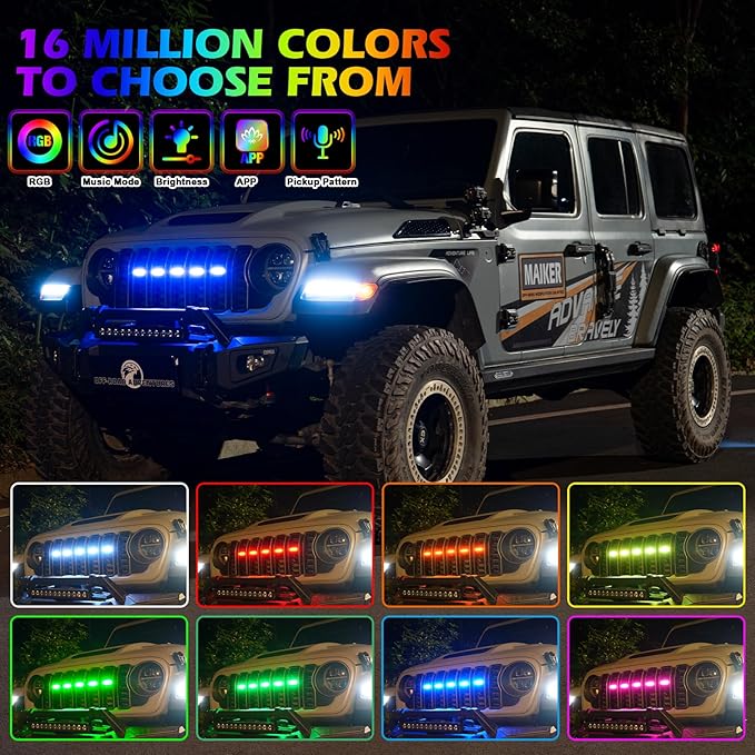 MAIKER RGB LED Grille Lights Compatible with 2024-2025 Jeep Wrangler JL JLU JT Original Factory Grille, 5PCS RGB Adjustable Atmosphere Exterior Grill Lights Remote APP Control