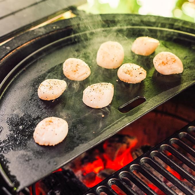 Kamado Joe Half-Moon Cast Iron Reversible Flat-Top Griddle with Smooth and Ribbed Surface for Classic Joe Charcoal Grill and Smokers in Black, Model KJ-HCIGRIDDLE