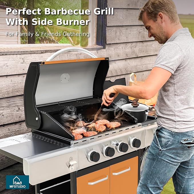 MFSTUDIO 4-Burner Propane Gas Grill, Stainless Steel BBQ Grill with Side Burner and Porcelain-Enameled Cast Iron Grates, High Output Gas BBQ Grills for Barbeque and Outdoor Cooking, Gold