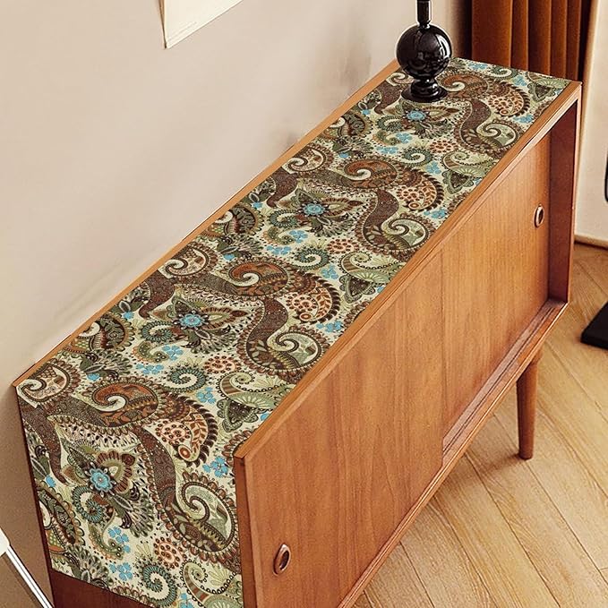 Brown Paisley Table Runner, Rustic Damask Antique Floral Flower Retro Boho Swirled Pattern Vintage Coffee Table Center Decor for Family Kitchen and Living Room Outdoor Table Decorations, 13"x36"