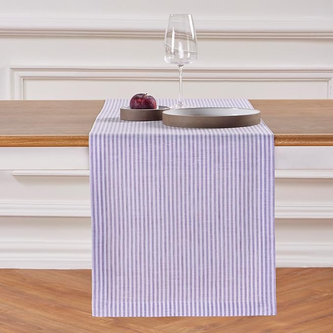 Solino Home Linen Table Runner 108 Inches Long - Narrow Stripe, 100% Pure Linen Lavender and White Table Runner 14 x 108 Inch for Dining, Valentines, Spring, Easter