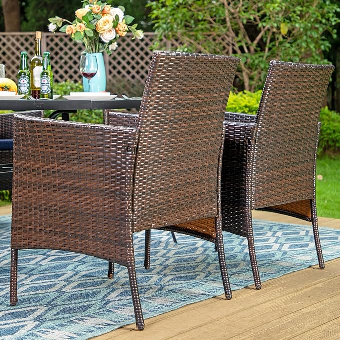 Sophia & William Patio 6 Pieces Dining Set with 4 PE Rattan Chairs, 1 Square Metal Table and 1 10ft 3 Tier Auto-tilt Umbrella Navy, Modern Outdoor Dining Set for Poolside, Porch, Patio, Balcony