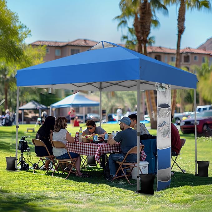 PHI VILLA 10x10 Pop Up Canopy Tent - One Push Setup, Instant Shade Tent with Vented Roof for Beach & Events - Includes Storage Bag, Sandbags, Stakes & Ropes (Blue)