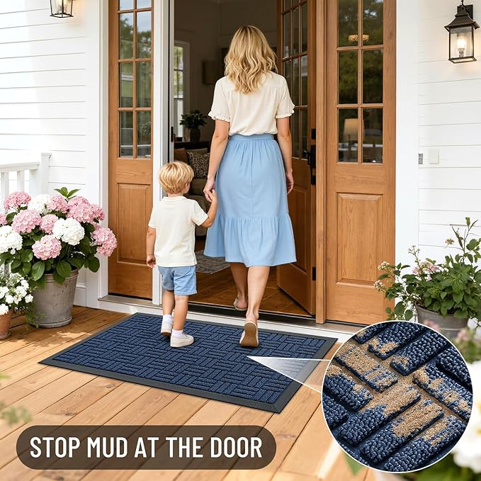 OLANLY Front Door Mat Outside Entrance 71x23, Absorbent, Heavy Duty Sturdy Natural Rubber Doormat Indoor Outdoor, Non-Slip, Stain and Fade Resistant, Low Profile Floor Mat for Entryway, Navy Blue
