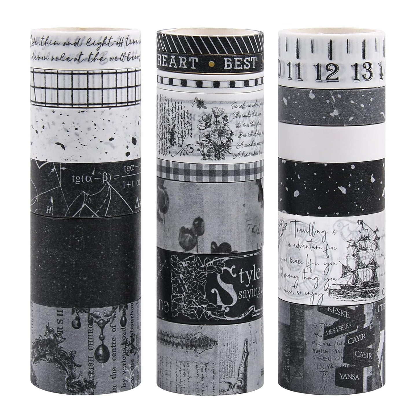 Dizdkizd Black and White Washi Tape Set, 20 Rolls Gothic Aesthetic Japanese Washi Tape Wide Scrapbooking Supplies Decorative Tape for Journaling, Planner, DIY Crafts